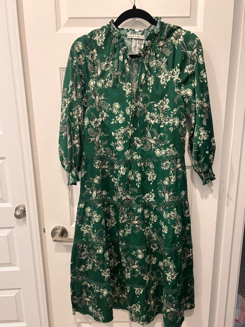 Alice + Olivia Layla Floral Tiered Midi Dress in a green floral print